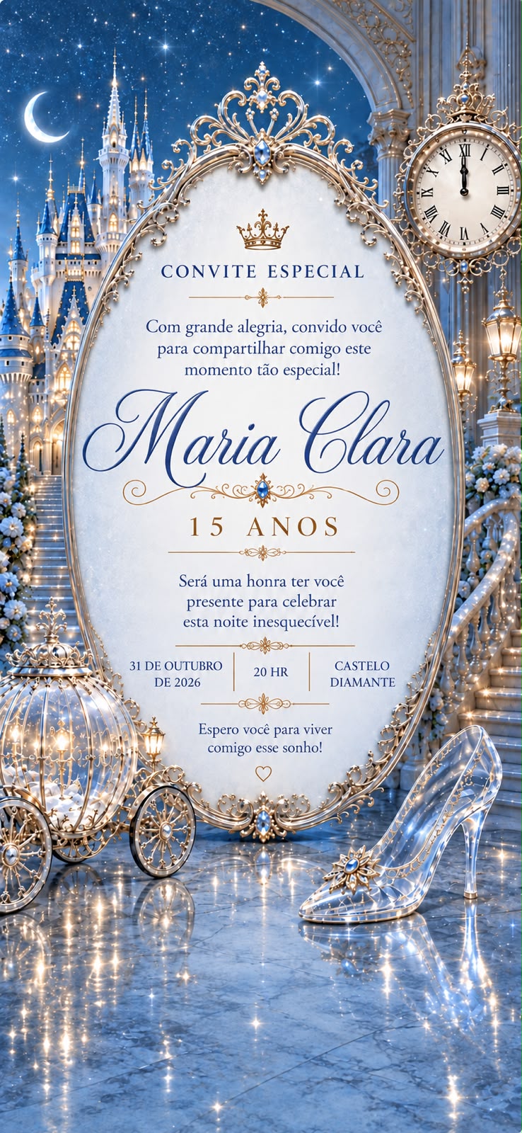 Convite dos 15 anos de Maria Clara: 31 de outubro de 2026, às 20 horas, no Castelo Diamante.
